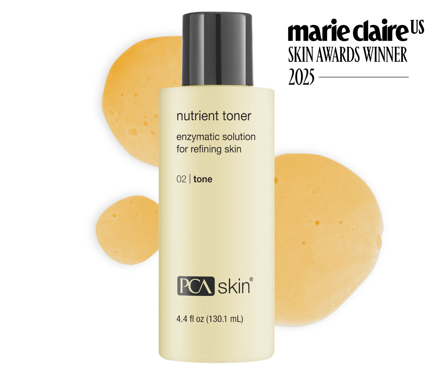 PCA Skin nutrient toner with sponges on a white background, featuring Marie Claire US Skin Awards Winner 2025 text.