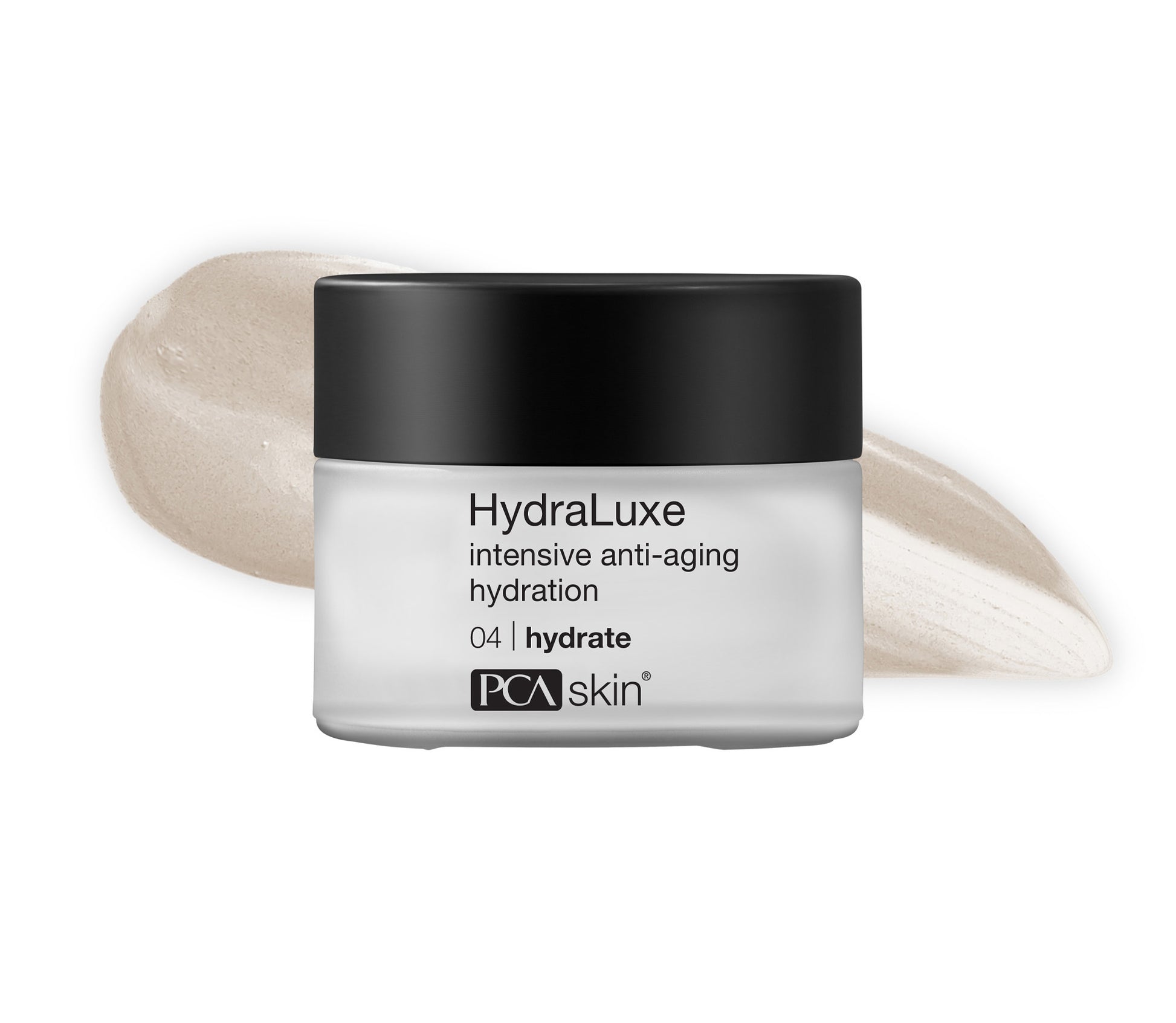 PCA Skin HydraLuxe anti-aging hydration cream jar with a smear of cream on a white background