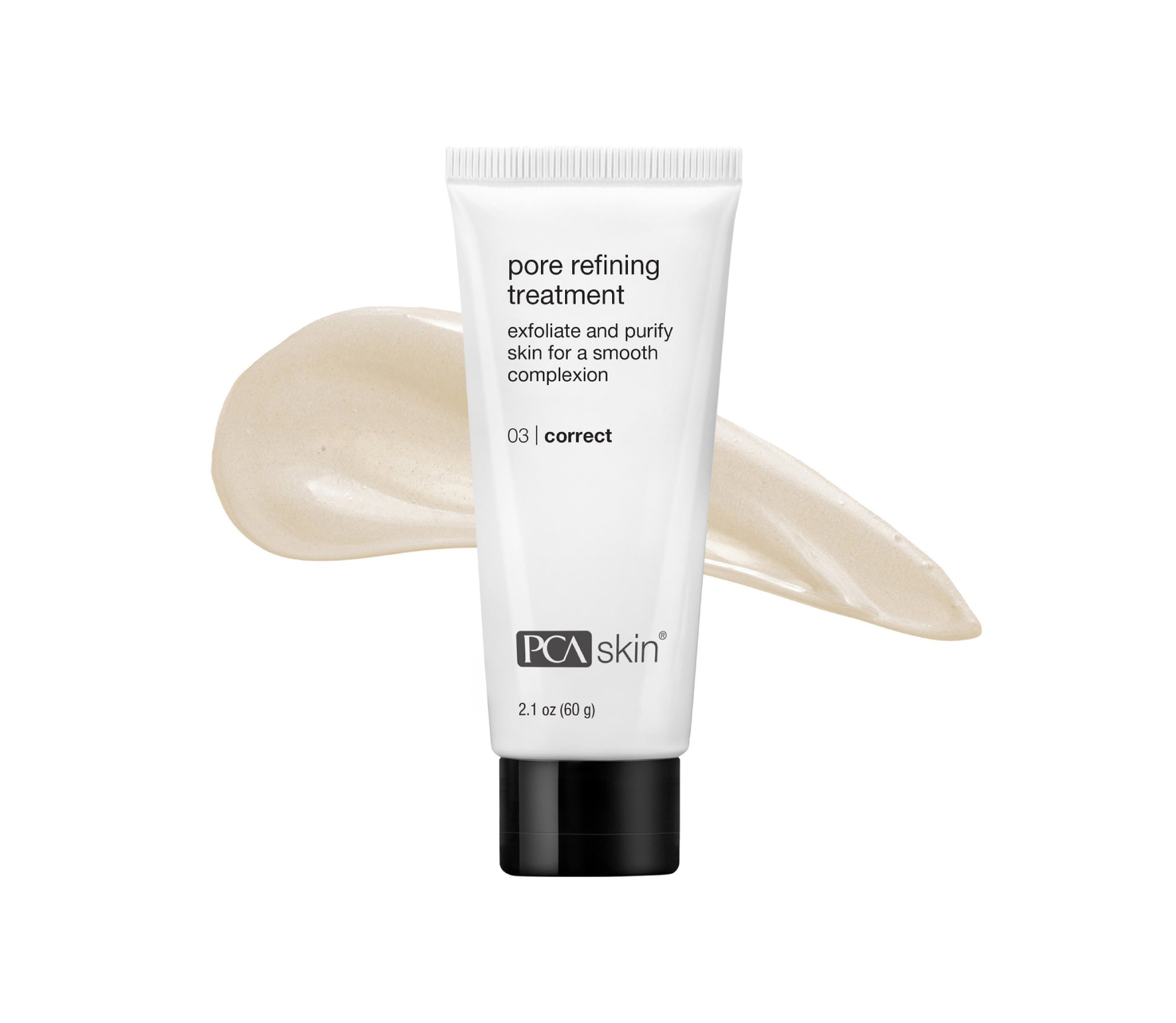PCA Skin pore refining treatment tube with a swatch of cream on a white background