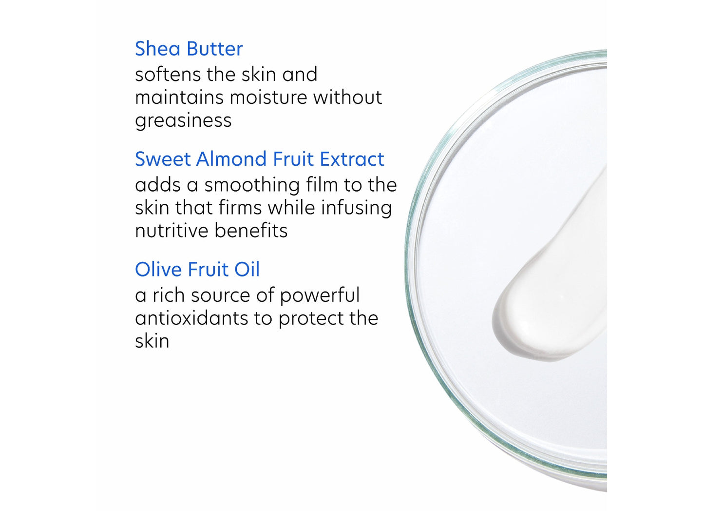 Glass container with a droplet of white liquid and text about skincare ingredients on a white background
