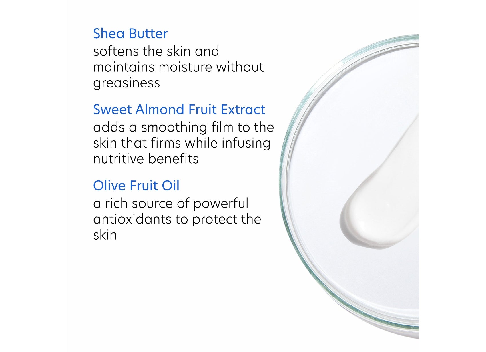 Glass container with a droplet of white liquid and text about skincare ingredients on a white background