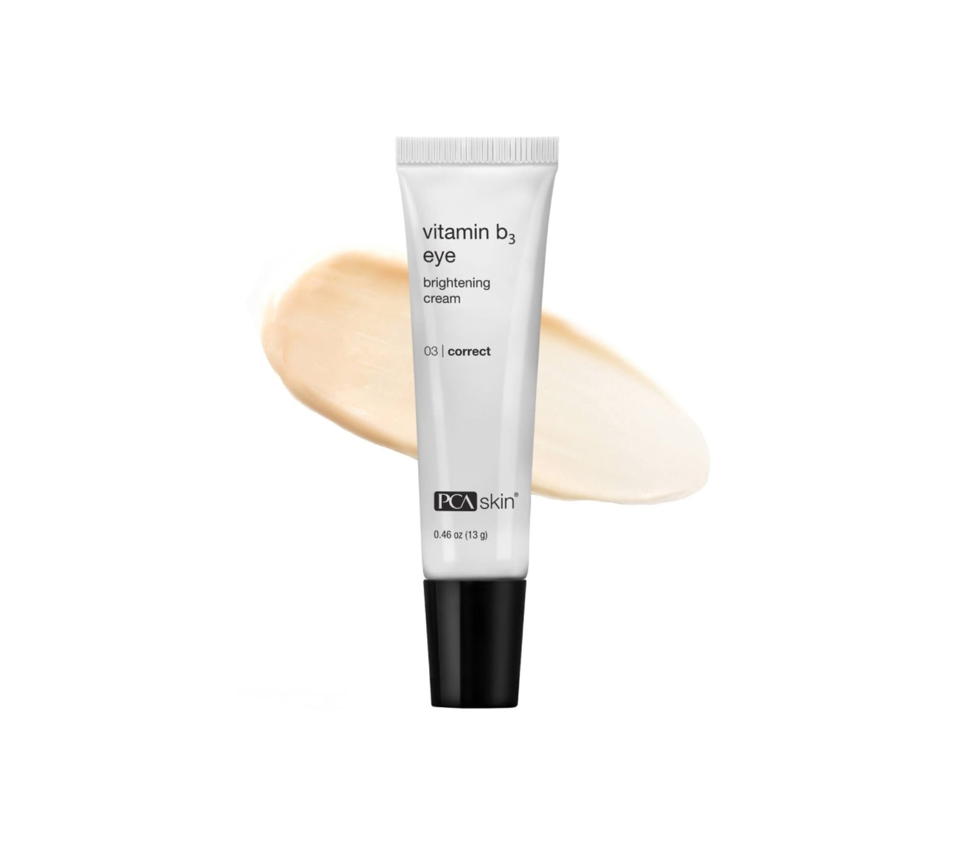 Tube of vitamin B3 eye brightening cream with a swatch on a white background