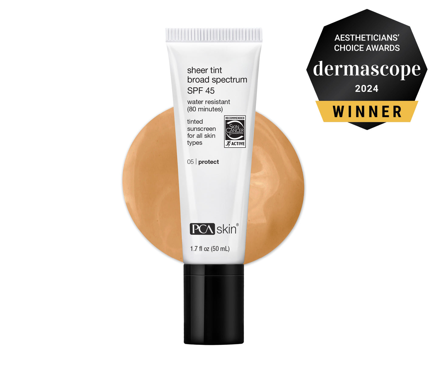 PCA Skin sunscreen tube with a Dermascope 2024 winner badge on a white background