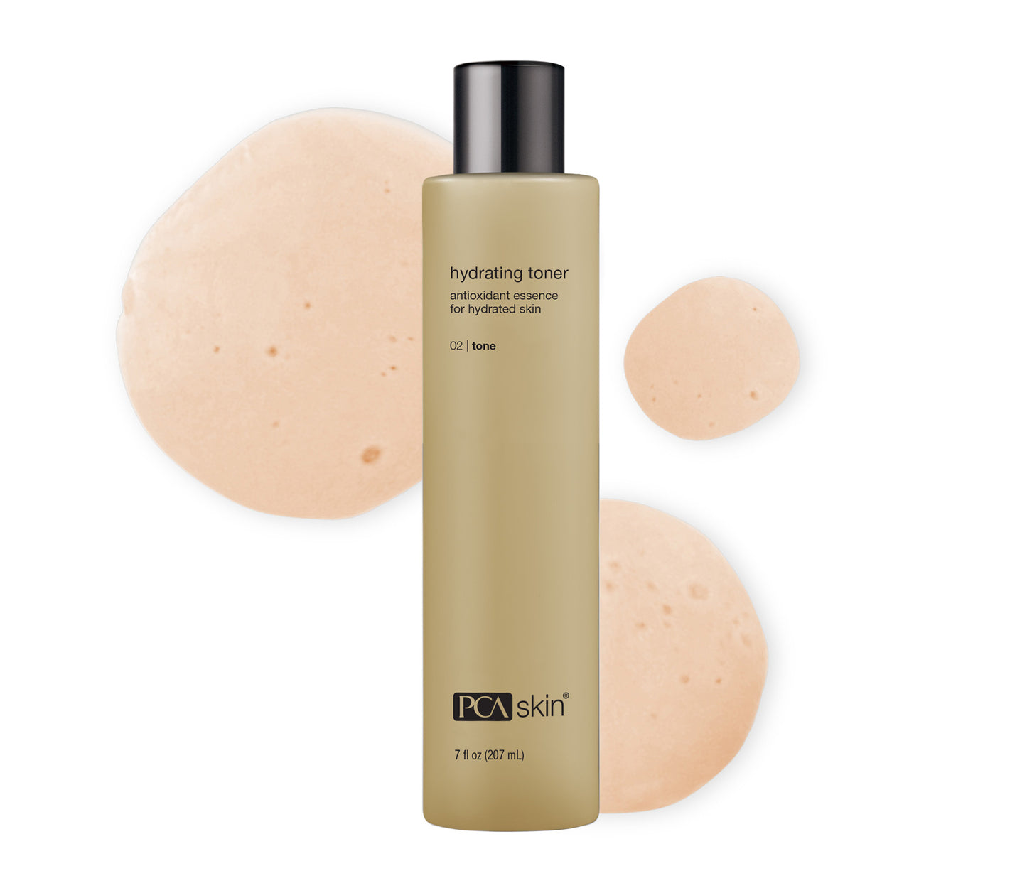 PCA Skin hydrating toner bottle with sponges on a white background