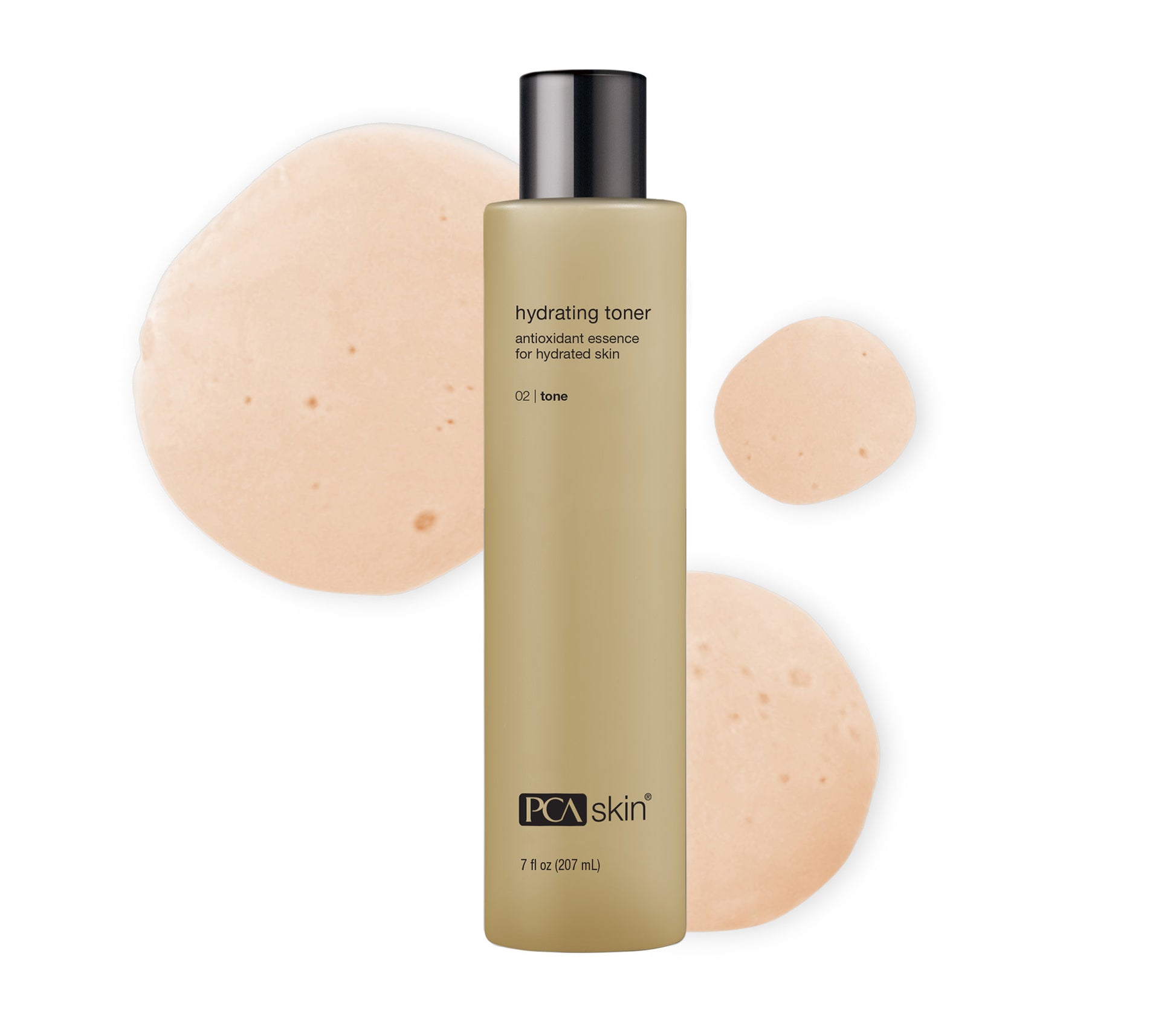 PCA Skin hydrating toner bottle with sponges on a white background