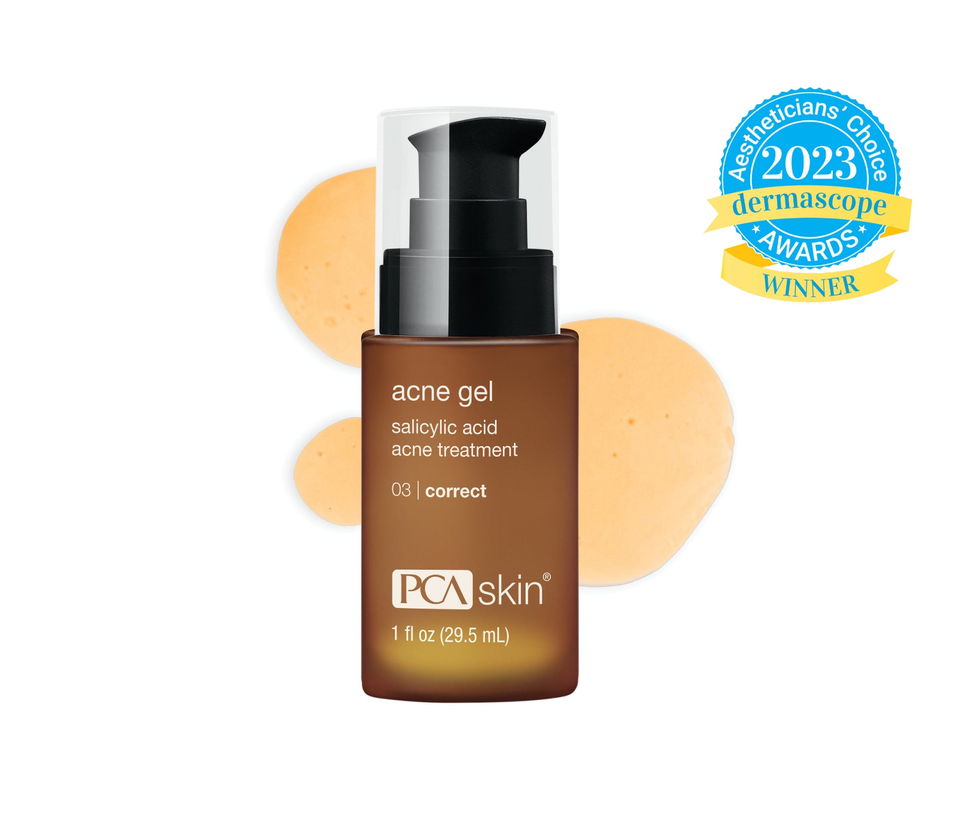 PCA Skin acne gel bottle with 'Dermascopics Choice Awards Winner' badge on a white background