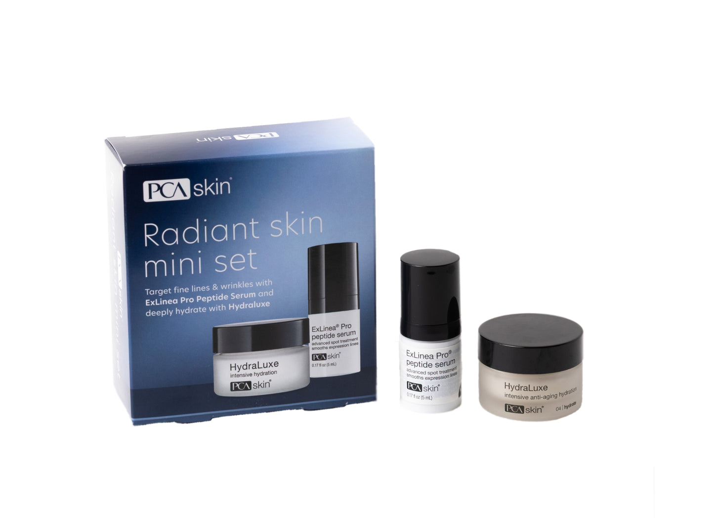 PCA Skin Radiant Skin mini set with packaging and skincare products on a white background