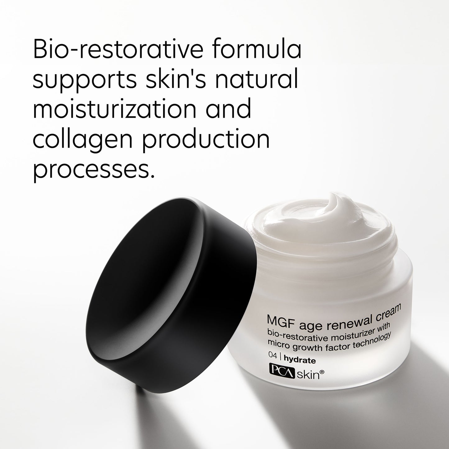 MGF age renewal cream jar with black lid on a white background, featuring text about skin moisturization and collagen production.