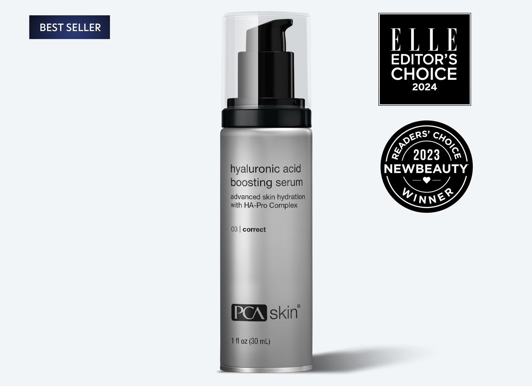 PCA skin hyaluronic acid boosting serum with awards on a white background