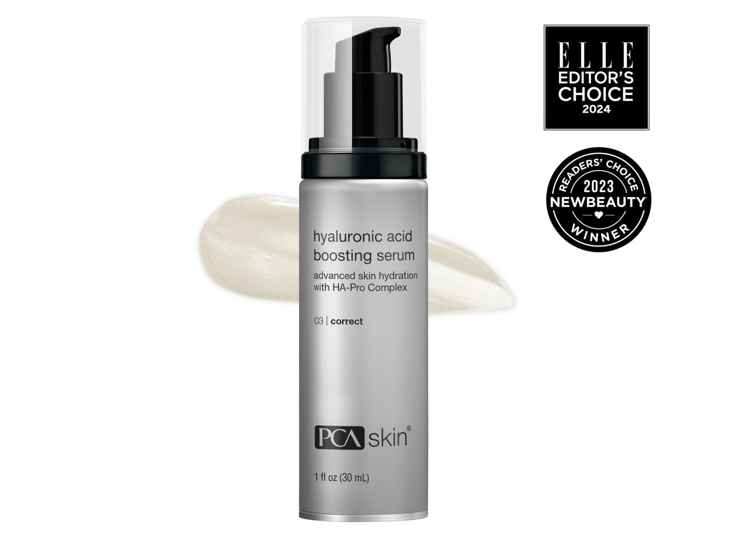 PCA skin hyaluronic acid boosting serum with awards on a white background