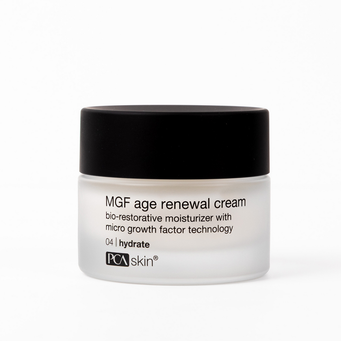 Jar of MGF age renewal cream with black lid on a white background