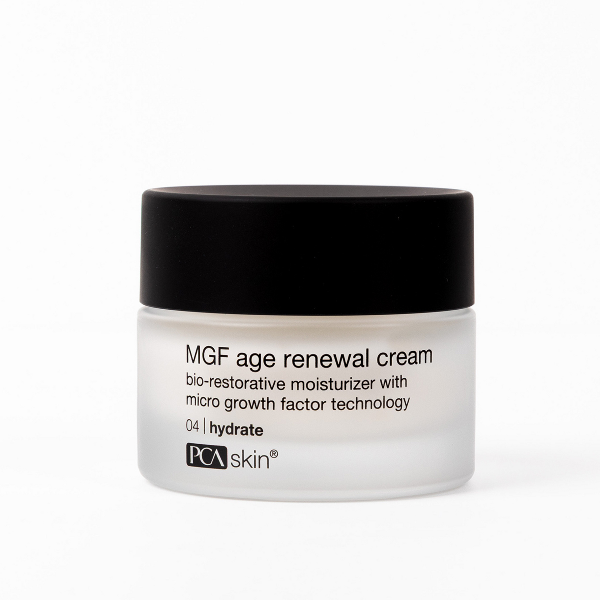 Jar of MGF age renewal cream with black lid on a white background