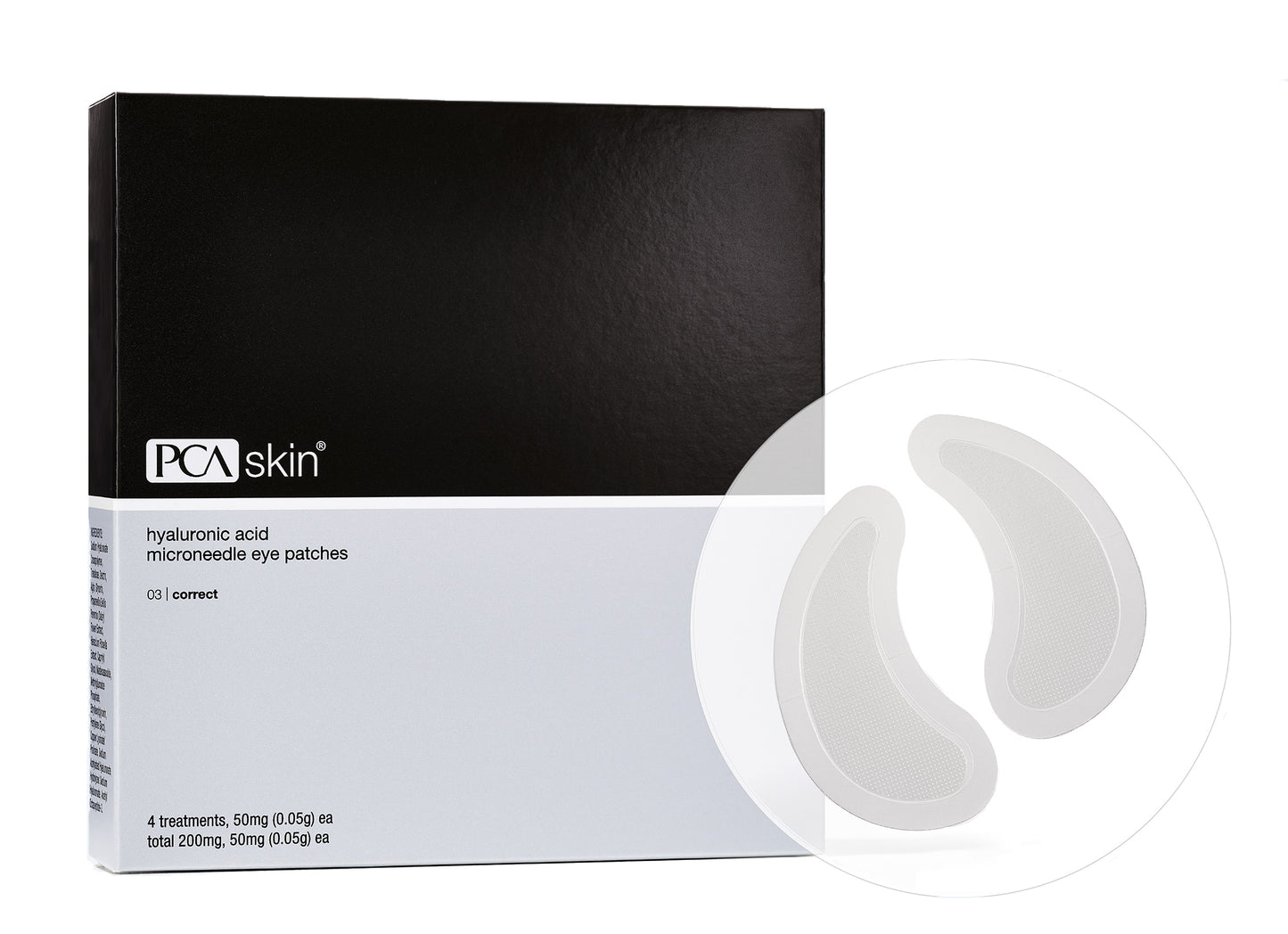 PCA Skin hyaluronic acid microneedle eye patches with packaging on a white background