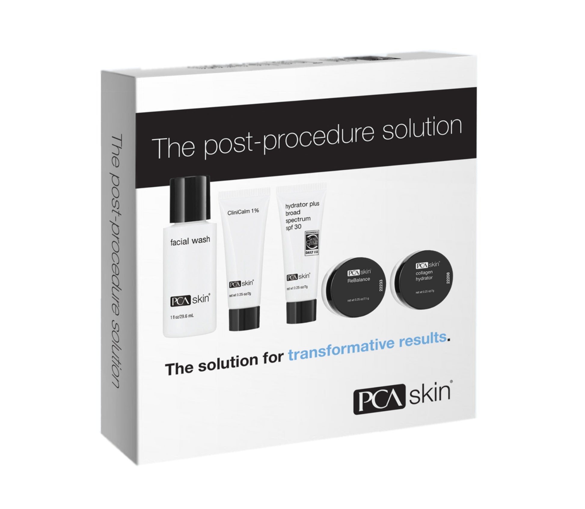 PCA Skin post-procedure solution packaging with skincare products on a white background