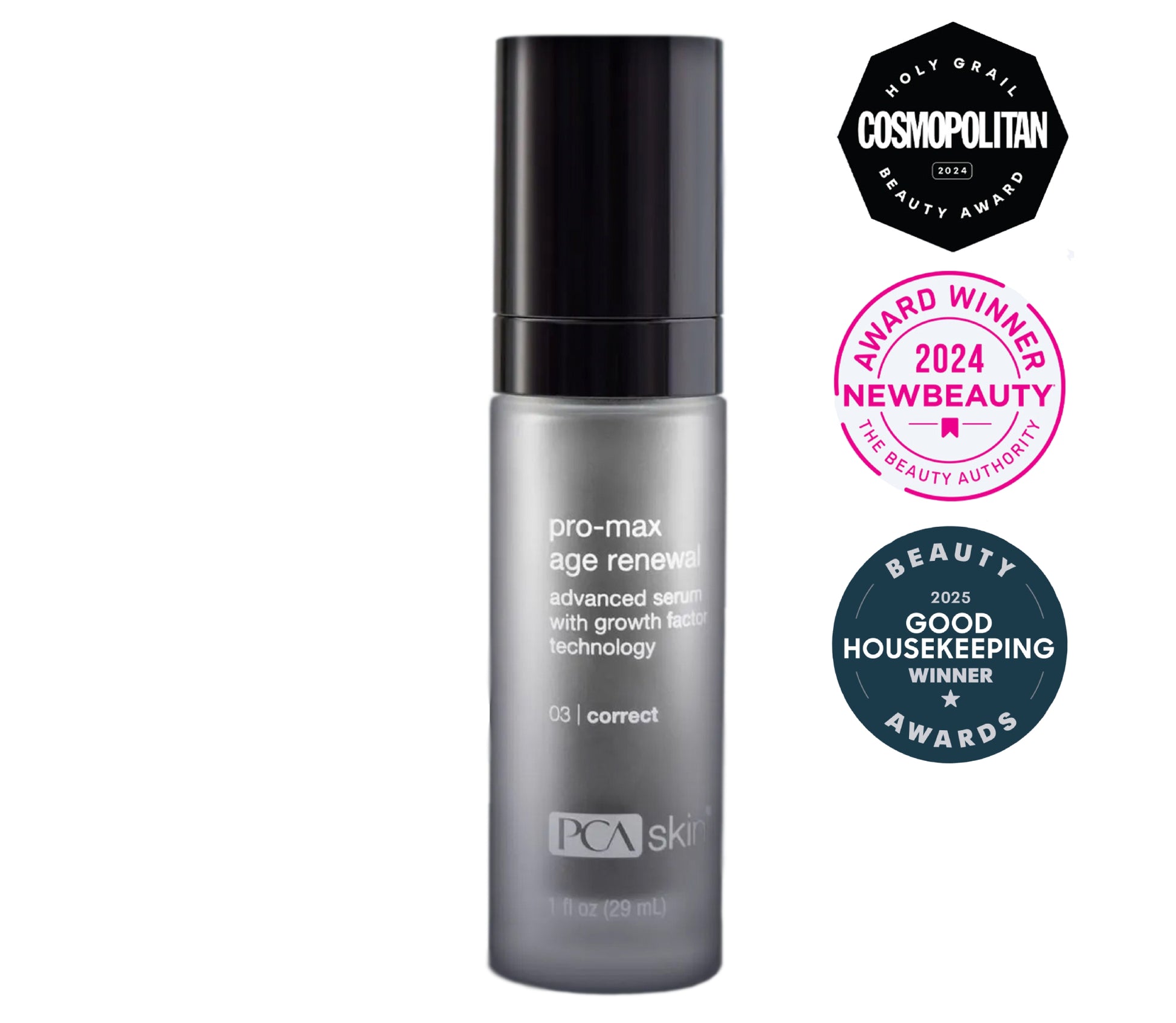 PCA Skin serum bottle with awards on a white background